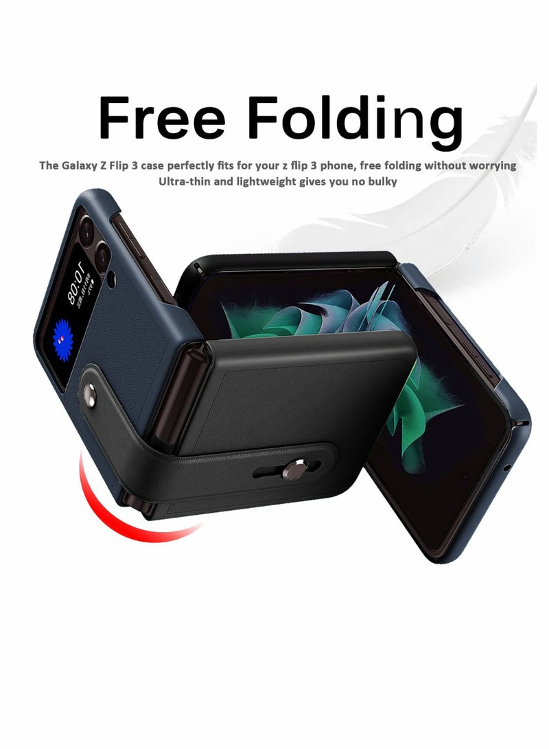 KASTWAVE Mobile Phone Protective Case, for Z Flip 3 5G 2021 with Hand Strap Cover PU Leather Compatible with Fit for Samsung Galaxy Z Flip 3 5G Case Wristband Plastic PC (Black+Deep Blue) - Image 5