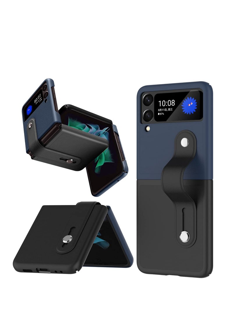 KASTWAVE Mobile Phone Protective Case, for Z Flip 3 5G 2021 with Hand Strap Cover PU Leather Compatible with Fit for Samsung Galaxy Z Flip 3 5G Case Wristband Plastic PC (Black+Deep Blue) - Image 1