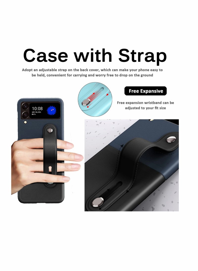 KASTWAVE Mobile Phone Protective Case, for Z Flip 3 5G 2021 with Hand Strap Cover PU Leather Compatible with Fit for Samsung Galaxy Z Flip 3 5G Case Wristband Plastic PC (Black+Deep Blue) - Image 2