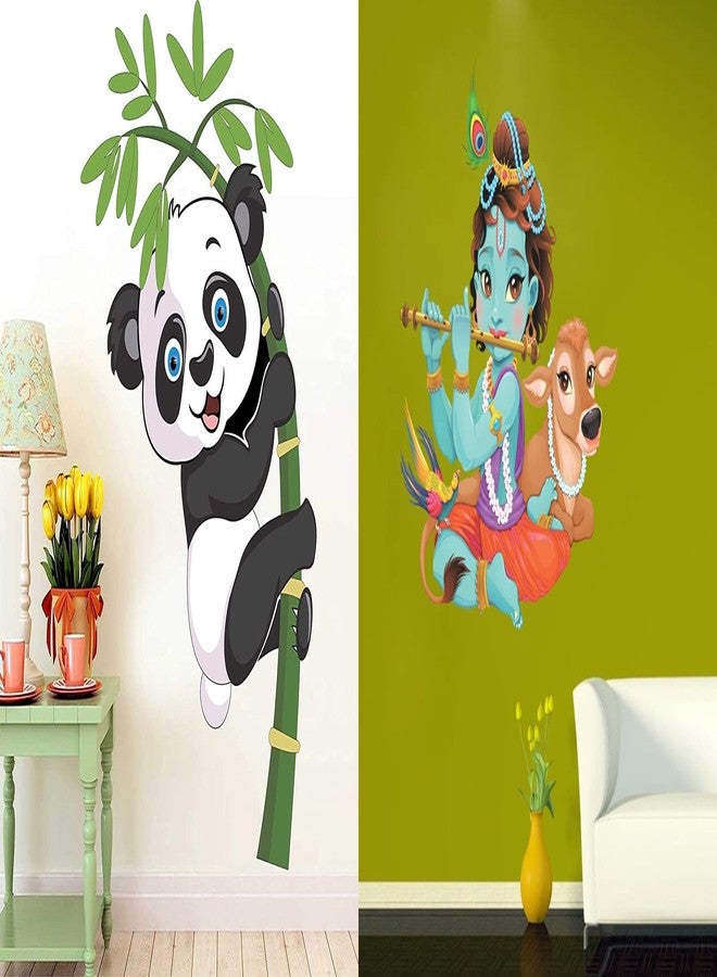 Walltech Set of 2 Wall Sticker Baby Panda and Lord Krishna Playing with Cow Wall Sticker - Image 1