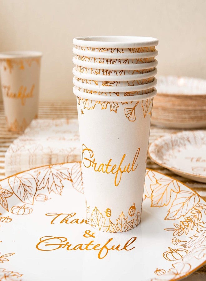 Crisky 24 Guests 96 Pcs Thanksgiving Disposable Napkins Plates Cups Set for Autumn Thanksgiving Dinner Party Decorations, Thankful and Grateful in Orange Foil - Image 4