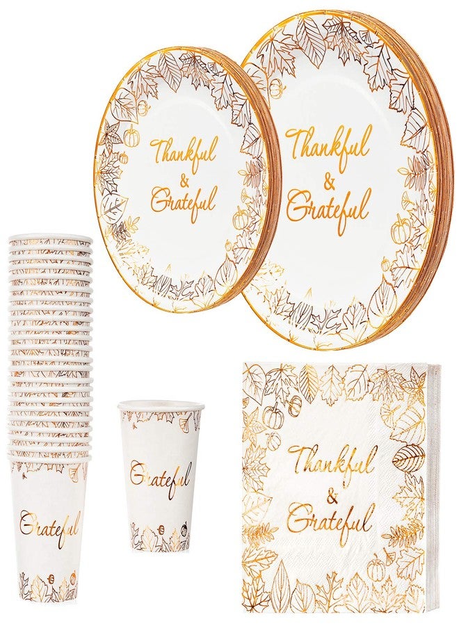 Crisky 24 Guests 96 Pcs Thanksgiving Disposable Napkins Plates Cups Set for Autumn Thanksgiving Dinner Party Decorations, Thankful and Grateful in Orange Foil - Image 1