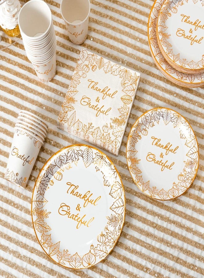Crisky 24 Guests 96 Pcs Thanksgiving Disposable Napkins Plates Cups Set for Autumn Thanksgiving Dinner Party Decorations, Thankful and Grateful in Orange Foil - Image 2