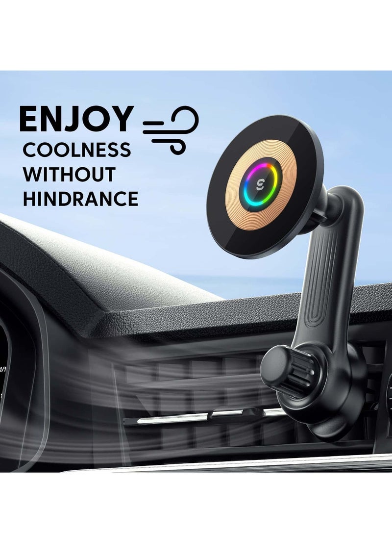 كاست ويف شاحن سيارة MagSafe، شاحن سيارة لاسلكي مغناطيسي قابل للتعديل 360 درجة مع إضاءة RGB، شاحن هاتف مغناطيسي بفتحة تهوية لسلسلة iPhone 14 13 12 (مع محول سيارة) - Image 2