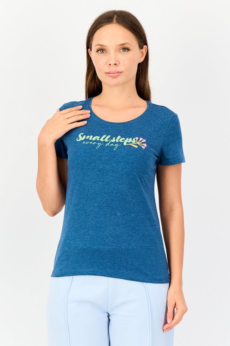 zivame Women Crew Neck Graphic Print Short Sleeve Sleepwear Top, Teal Green - Image 1