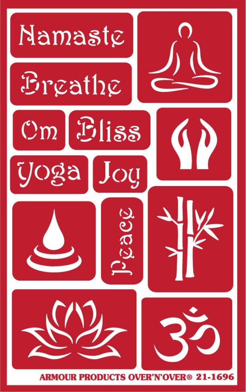 Over n Over 2 Armour Etch Reusable Glass Etching Stencils Set | Yoga Theme with Namaste, Om, Lotus Flower, Bliss, Feather, Peacock Designs - Image 2