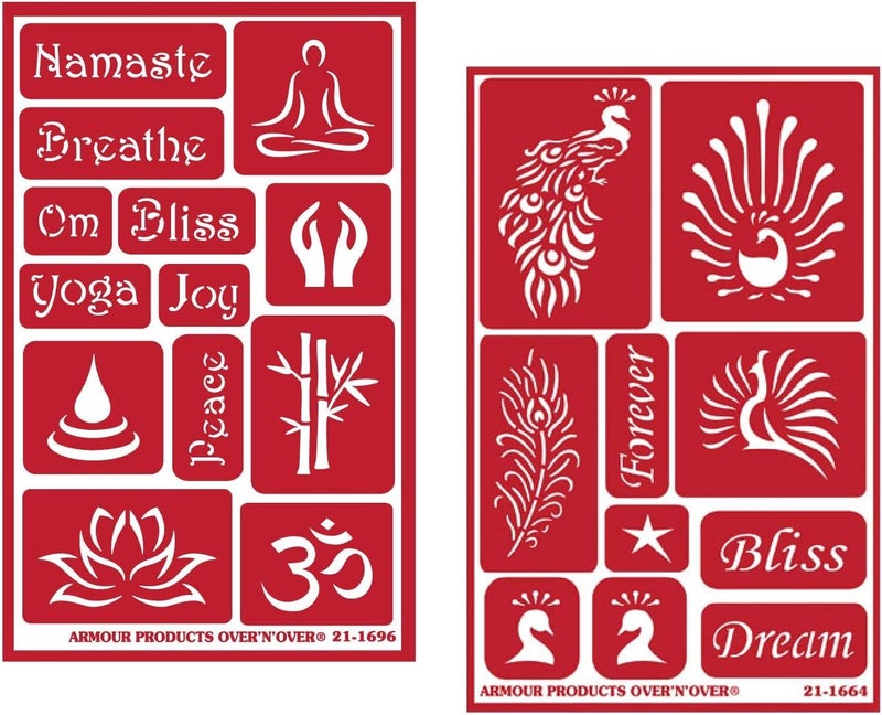 Over n Over 2 Armour Etch Reusable Glass Etching Stencils Set | Yoga Theme with Namaste, Om, Lotus Flower, Bliss, Feather, Peacock Designs - Image 1