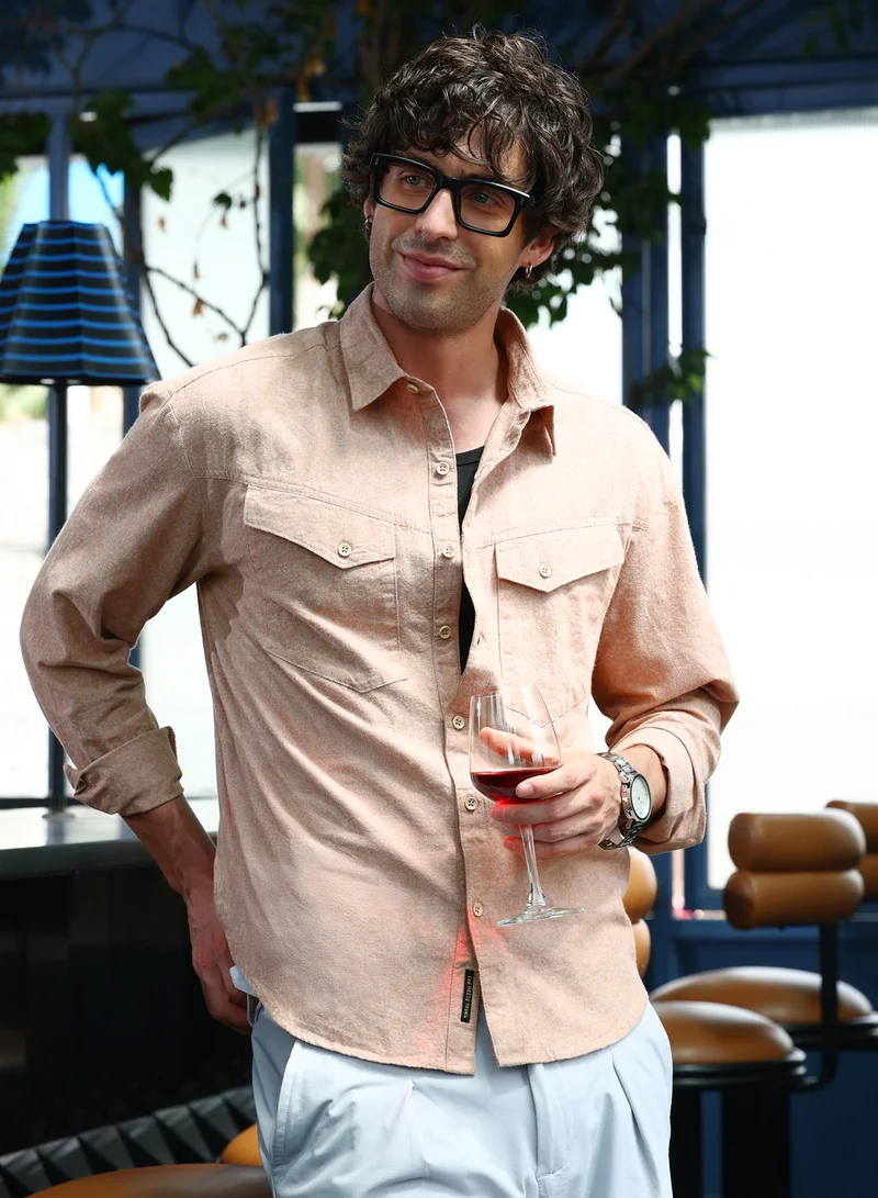 Campus Sutra Men Utility-Brushed Shirt | Spread Collar, Long Button-Cuff Sleeves | Button , Curved Hem | Solid Brushed | Woven Fabric For Casual & Daily Wear | Sand Beige