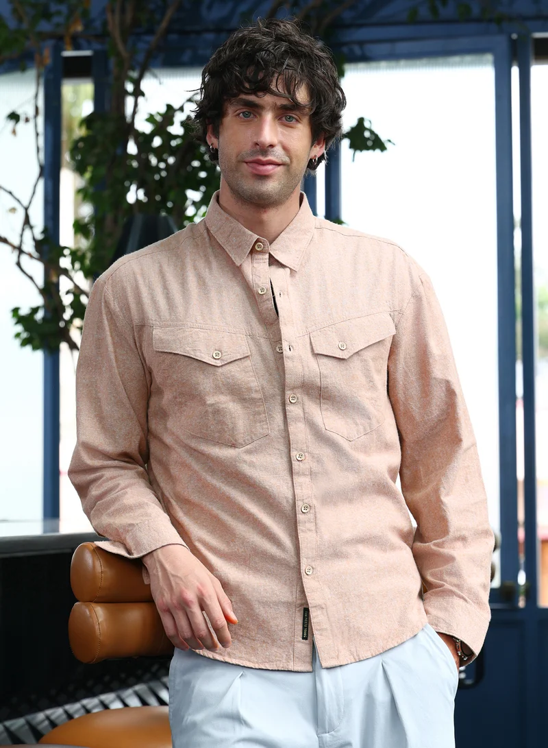 Campus Sutra Men Utility-Brushed Shirt | Spread Collar, Long Button-Cuff Sleeves | Button , Curved Hem | Solid Brushed | Woven Fabric For Casual & Daily Wear | Sand Beige