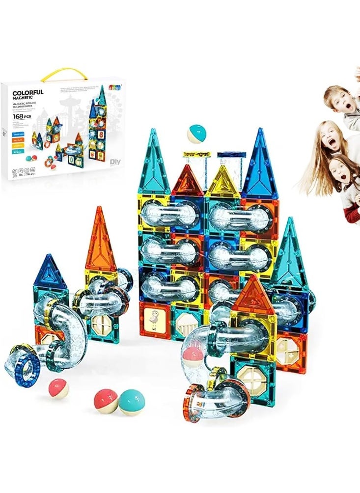 168-Piece Ice-Themed Magnetic Pipeline Tile Set – 3D STEM Educational Construction Toy with Clear Tubes & Rolling Balls – Magnetic Building Blocks for Toddlers & Kids – Sensory Learning Toy for Boys & Girls  - Image 1