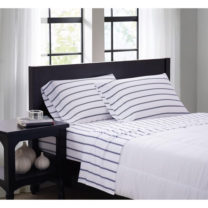 EVERYDAY FULL MICROFIBER SHEET PILLOWCASE SET TICKING STRIPE COLLECTION WHITENAVYNAVYWHITESS3864WNFU4700