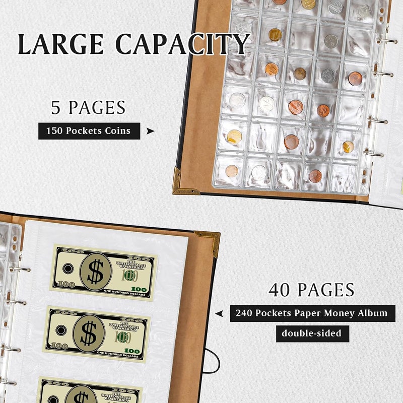 Zonon Coin Collecting Holder Album with 150 Coin Pockets and 240 Paper Currency Pockets, PU Leather Coins Collection Holder Penny Currency Storage Book (Black) - Image 3