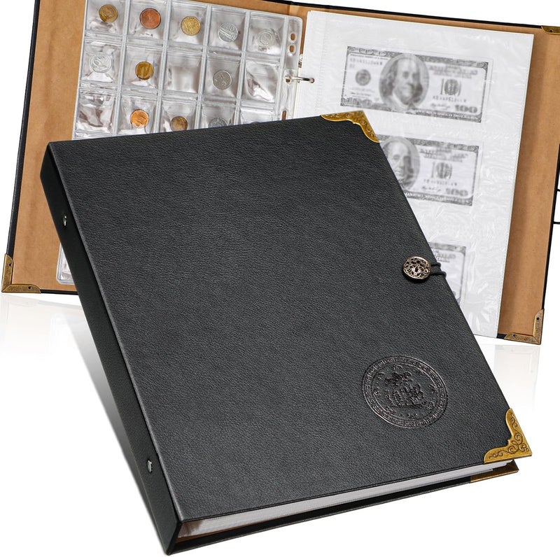 Zonon Coin Collecting Holder Album with 150 Coin Pockets and 240 Paper Currency Pockets, PU Leather Coins Collection Holder Penny Currency Storage Book (Black) - Image 1