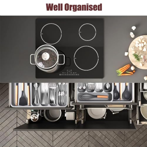 SUKHAD 5 Grid Cutlery Tray Organizer, Expandable Kitchen Drawer and Utensil Holder, Adjustable Large Kitchen Tool | 34.5 x 52.5 x 5 CM | Plastic | Grey - Image 5