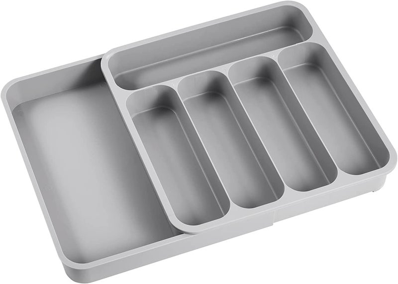 SUKHAD 5 Grid Cutlery Tray Organizer, Expandable Kitchen Drawer and Utensil Holder, Adjustable Large Kitchen Tool | 34.5 x 52.5 x 5 CM | Plastic | Grey - Image 1