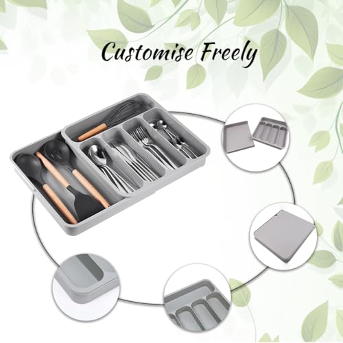 SUKHAD 5 Grid Cutlery Tray Organizer, Expandable Kitchen Drawer and Utensil Holder, Adjustable Large Kitchen Tool | 34.5 x 52.5 x 5 CM | Plastic | Grey - Image 2