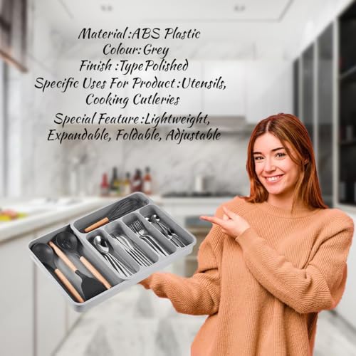 SUKHAD 5 Grid Cutlery Tray Organizer, Expandable Kitchen Drawer and Utensil Holder, Adjustable Large Kitchen Tool | 34.5 x 52.5 x 5 CM | Plastic | Grey - Image 3