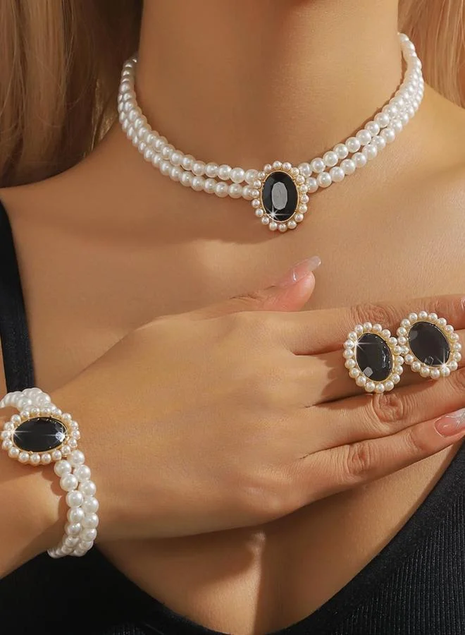 تايك تو طقم مجوهرات قلادة وسوار وأقراط طبقات مرصعة بأحجار الراين ولؤلؤ صناعي 3 قطع