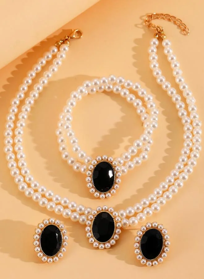 تايك تو طقم مجوهرات قلادة وسوار وأقراط طبقات مرصعة بأحجار الراين ولؤلؤ صناعي 3 قطع