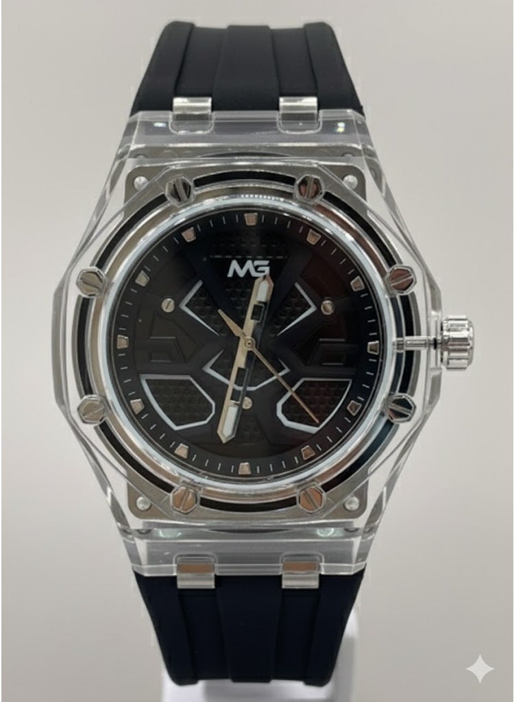 ام جي ساعة فيوجن سبورت كرونو بإطار شفاف وسوار سيليكون أسود ومينا تقنية متعددة الطبقات - Image 1