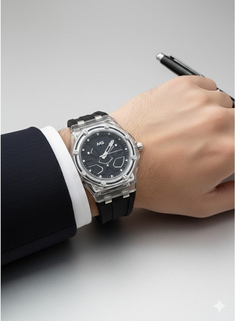 ام جي ساعة فيوجن سبورت كرونو بإطار شفاف وسوار سيليكون أسود ومينا تقنية متعددة الطبقات - Image 2