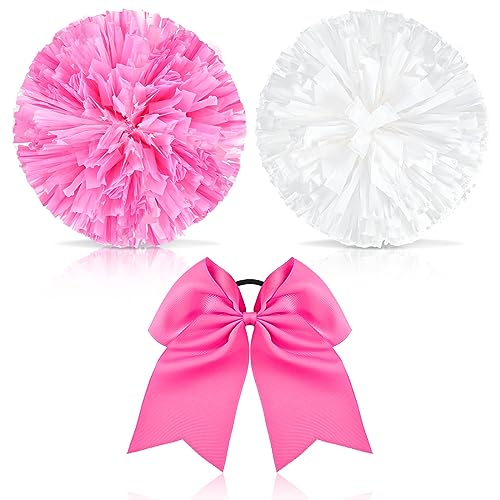 Hanaive Set of 3 12 Inch Cheerleading Pom Poms and Large Cheerleader Ponytail Bow Holder for Girl Large Metallic Cheerleader Pom Poms for Sports Team Cheering Pink and White - Image 1