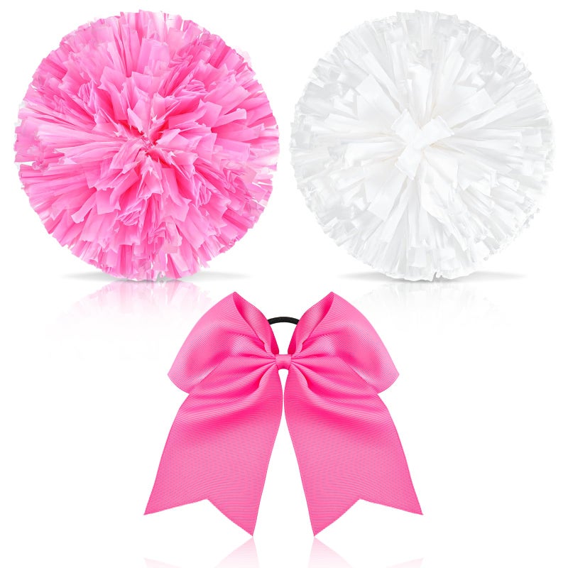 Hanaive Set of 3 12 Inch Cheerleading Pom Poms and Large Cheerleader Ponytail Bow Holder for Girl Large Metallic Cheerleader Pom Poms for Sports Team Cheering Pink and White - Image 2