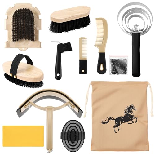 Abbylike 12 Pieces Horse Grooming Kit Racing Festival Tack Room Supplies Horse Brush Sets Equine Care Cleaning Kit Shedding Grooming Massaging ToolsBlack - Image 1