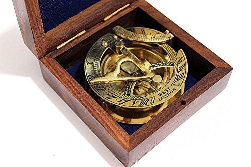 THOR INSTRUMENTS 3" Sundial Compass with Teak Wood Box Inlaid with Solid Brass Rustic Vintage Home Decor Gifts - Image 3