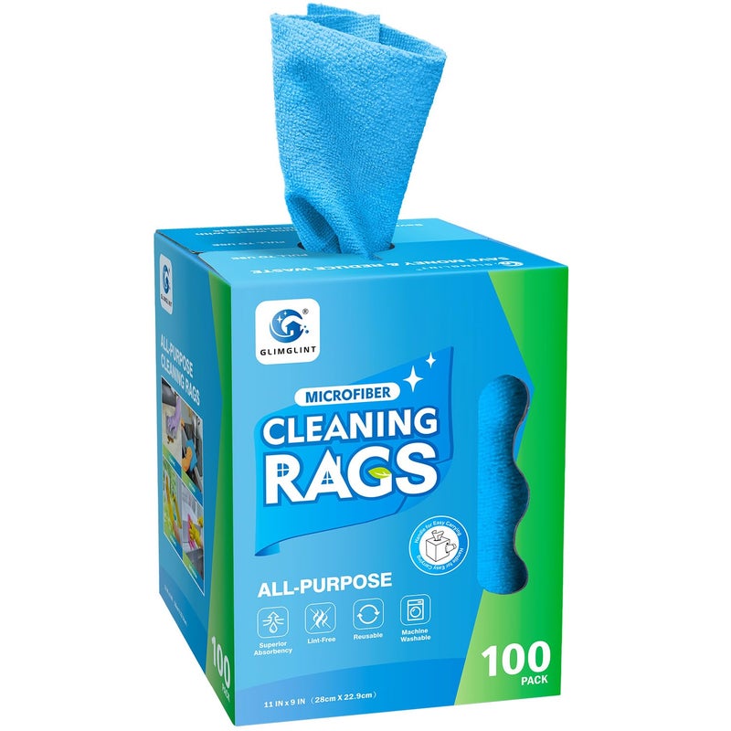 GLIMGLINT Shop Towel, 100 Pack Blue Microfiber Cleaning Cloth, Lint-Free, Ultra Absorbent Reusable Paper Towels for Home, Kitchen, Car, Garage or Shop, Cleaning Rags, 11" x 9" - Image 1