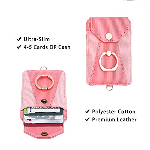 YUNCE Cell Phone Card Holder,Card Holder for Back of Cell Phone with Ring Grip Stand,Adhesive Stick-on Credit Card Wallet Pocket with Detachable Neck Strap Pink - Image 5