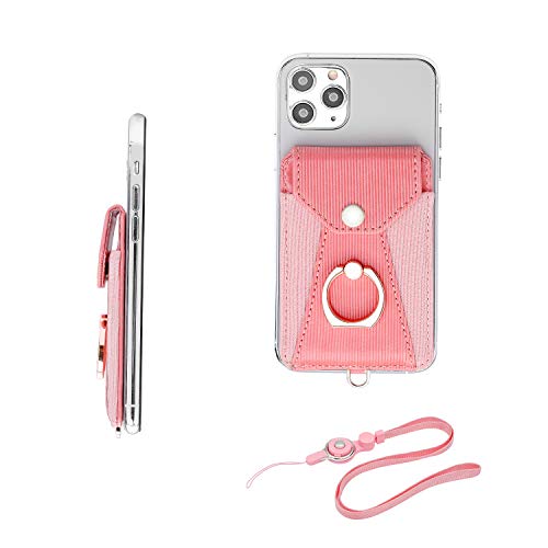 YUNCE Cell Phone Card Holder,Card Holder for Back of Cell Phone with Ring Grip Stand,Adhesive Stick-on Credit Card Wallet Pocket with Detachable Neck Strap Pink - Image 1