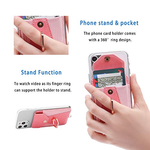 YUNCE Cell Phone Card Holder,Card Holder for Back of Cell Phone with Ring Grip Stand,Adhesive Stick-on Credit Card Wallet Pocket with Detachable Neck Strap Pink - Image 4