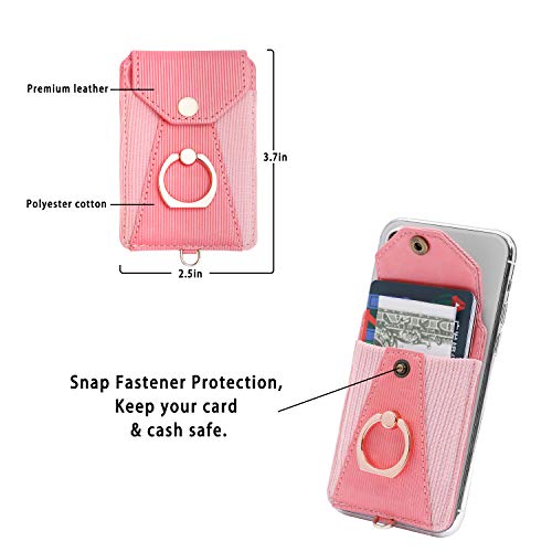 YUNCE Cell Phone Card Holder,Card Holder for Back of Cell Phone with Ring Grip Stand,Adhesive Stick-on Credit Card Wallet Pocket with Detachable Neck Strap Pink - Image 3