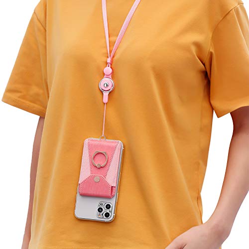 YUNCE Cell Phone Card Holder,Card Holder for Back of Cell Phone with Ring Grip Stand,Adhesive Stick-on Credit Card Wallet Pocket with Detachable Neck Strap Pink - Image 2
