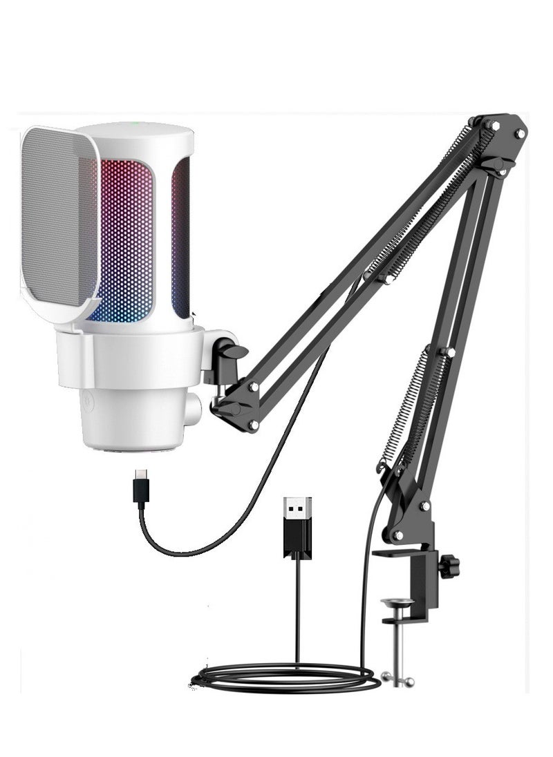 Furtey - Gaming PC USB Microphone Podcast Condenser Mic with Boom Arm Pop Filter Mute Button for Streaming Twitch Online Chat RGB Computer Mic for PS4 PC Gamer Youtuber White - Image 1