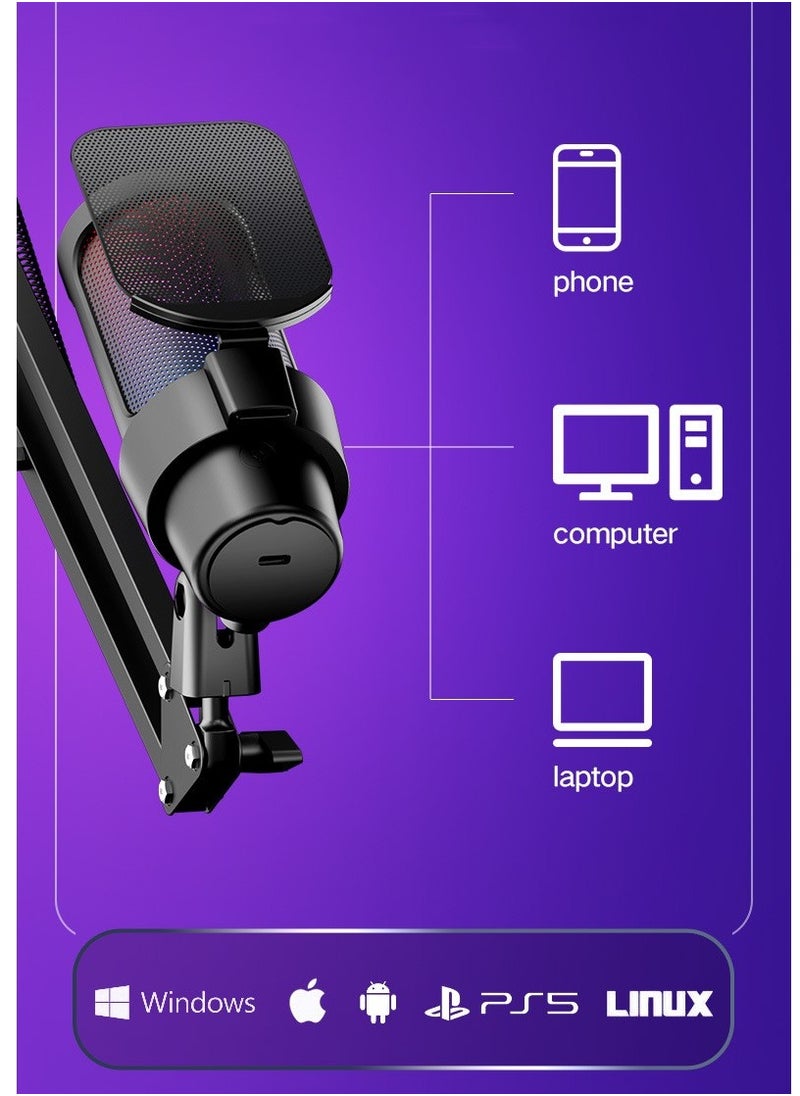 Furtey - Gaming PC USB Microphone Podcast Condenser Mic with Boom Arm Pop Filter Mute Button for Streaming Twitch Online Chat RGB Computer Mic for PS4 PC Gamer Youtuber White - Image 1
