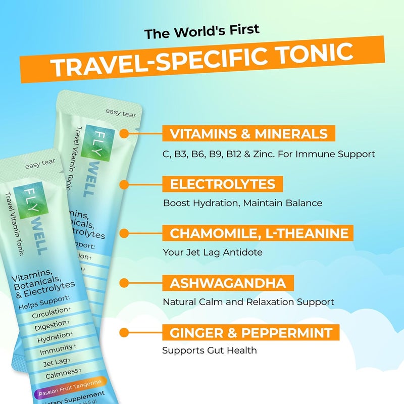 FlyWell Travel Vitamin Tonic for Flight Jet Lag Hydration Circulation Digestion  Immune Support Promotes Calmness Electrolyte Powder Travel Essentials Passion Fruit Tangerine 15 Sticks - Image 2