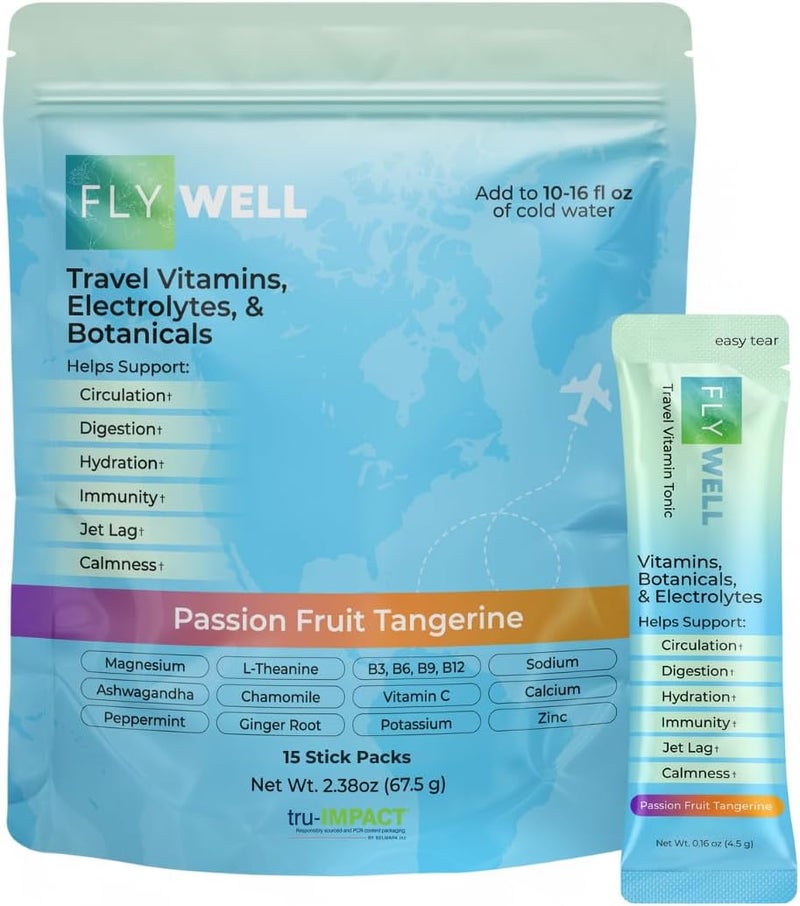 FlyWell Travel Vitamin Tonic for Flight Jet Lag Hydration Circulation Digestion  Immune Support Promotes Calmness Electrolyte Powder Travel Essentials Passion Fruit Tangerine 15 Sticks - Image 1