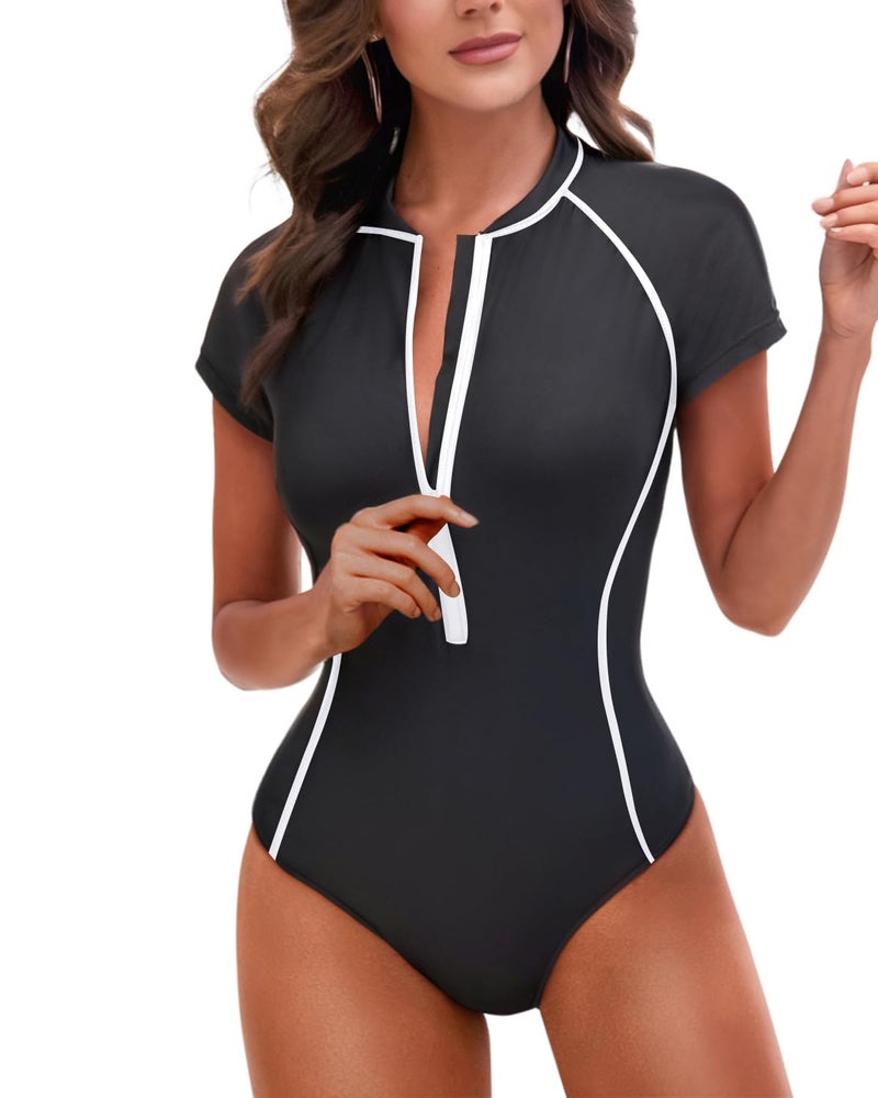 Holipick Black and White Short Sleeve Rash Guard for Women Modest One Piece Swimsuit UPF 50 Zipper Bathing Suit L - Image 2