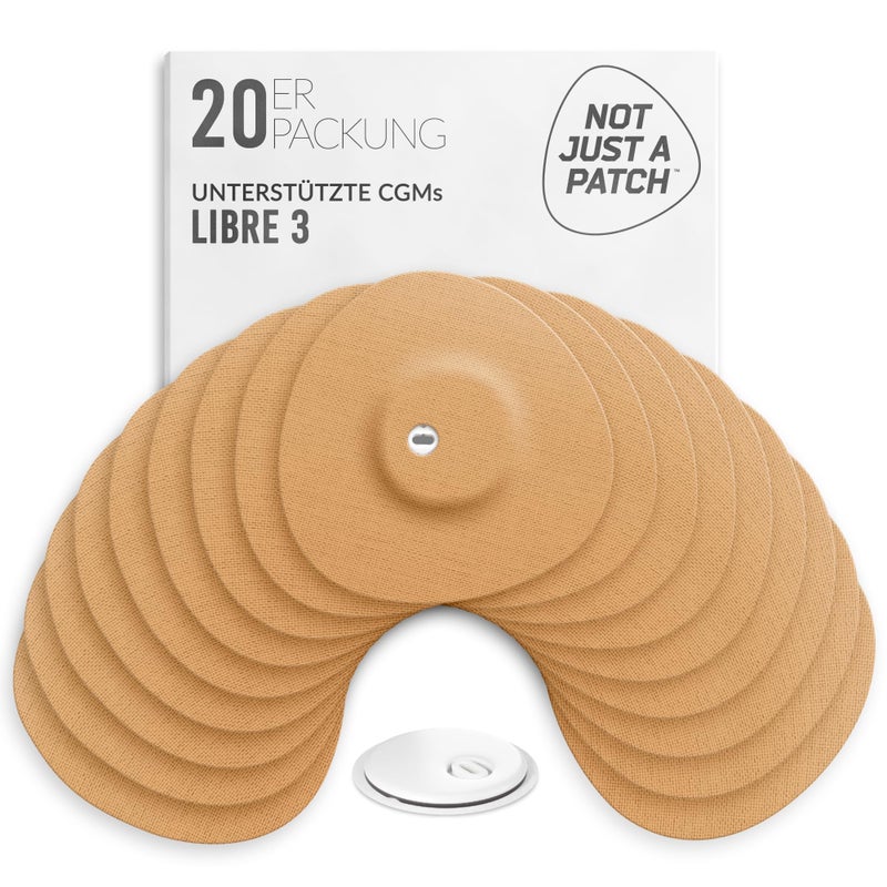 Not Just A Patch Freestyle Libre 3 Plus Sensor Covers 20 Pack Breathable Sweatproof Secure Hold PrecisionCut Hole for Ventilation Enhanced Adhesion Gentle Support 1014 Day Wear Beige
