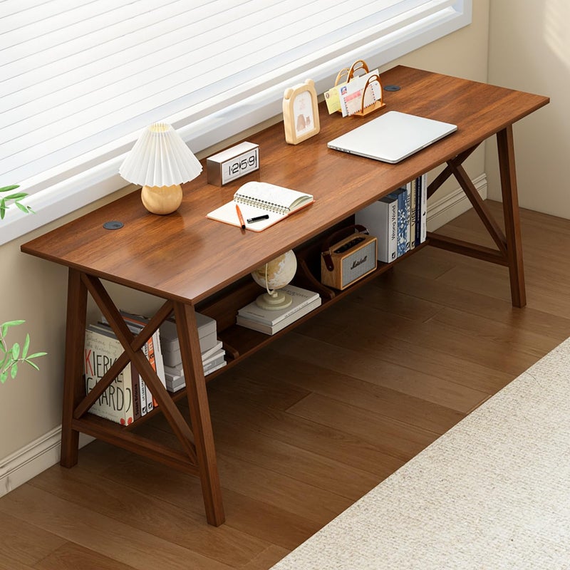 NELYE Extra Long Desk with Bookshelf Wooden Home Office Work Study Table 2Person Writing Computer Workstation with Storage Shelf in Walnut 63 Wx20 Dx30 H