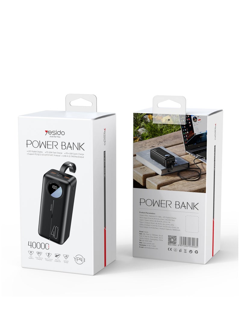 Yesido YP43 40000mAh Dual USB + Type-C Digital Display Fast Charging Power Bank(Black)