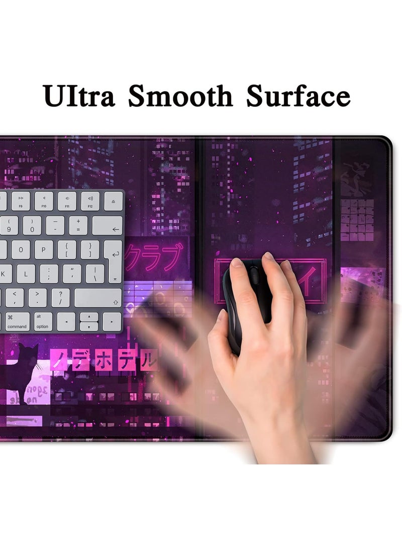 Purple Gaming Mousepad Japanese Desk Mat XXL Extended Anime Cool Large Mouse Pad Keyboard Mouse Mat Desk Pad for Computer Laptop Gamers 31.5''X15.7'' Non-Slip Rubber Base with Stitched Edges - Image 5