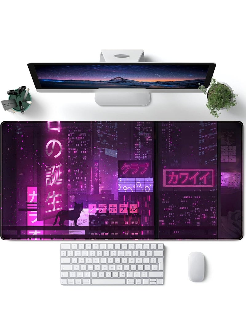 Purple Gaming Mousepad Japanese Desk Mat XXL Extended Anime Cool Large Mouse Pad Keyboard Mouse Mat Desk Pad for Computer Laptop Gamers 31.5''X15.7'' Non-Slip Rubber Base with Stitched Edges - Image 1