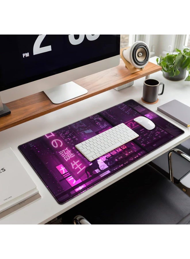 Purple Gaming Mousepad Japanese Desk Mat XXL Extended Anime Cool Large Mouse Pad Keyboard Mouse Mat Desk Pad for Computer Laptop Gamers 31.5''X15.7'' Non-Slip Rubber Base with Stitched Edges - Image 4
