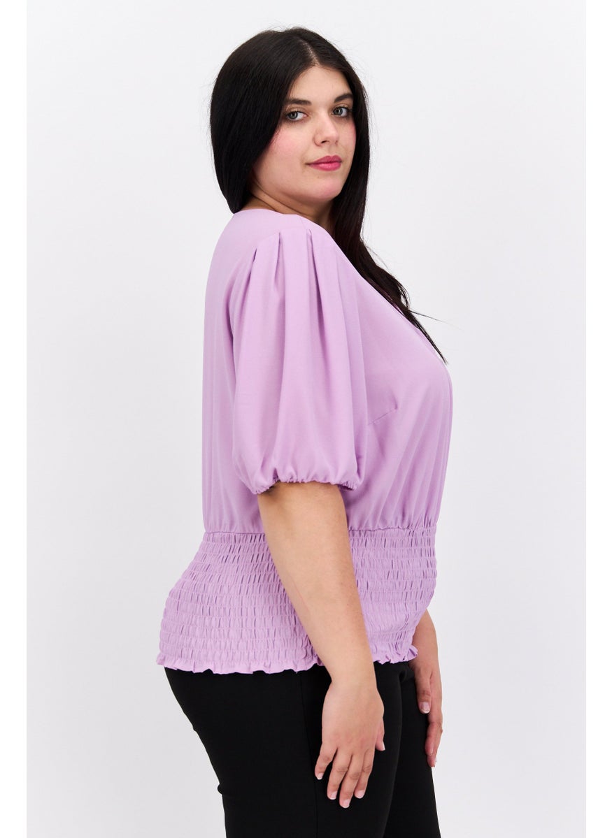 1 State Women Plus Size V-Neck Puffed Sleeves Plain Blouse, Purple  - Image 2