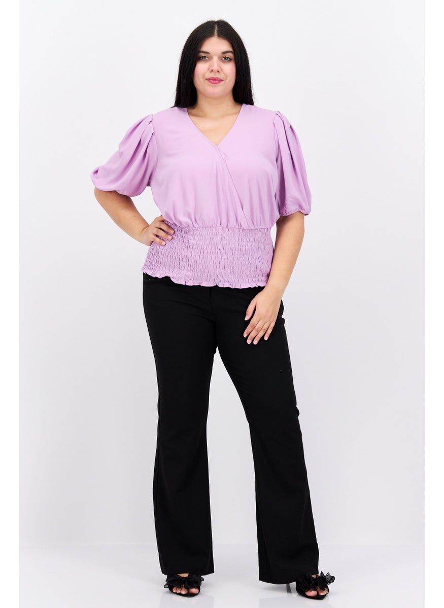 1 State Women Plus Size V-Neck Puffed Sleeves Plain Blouse, Purple  - Image 4