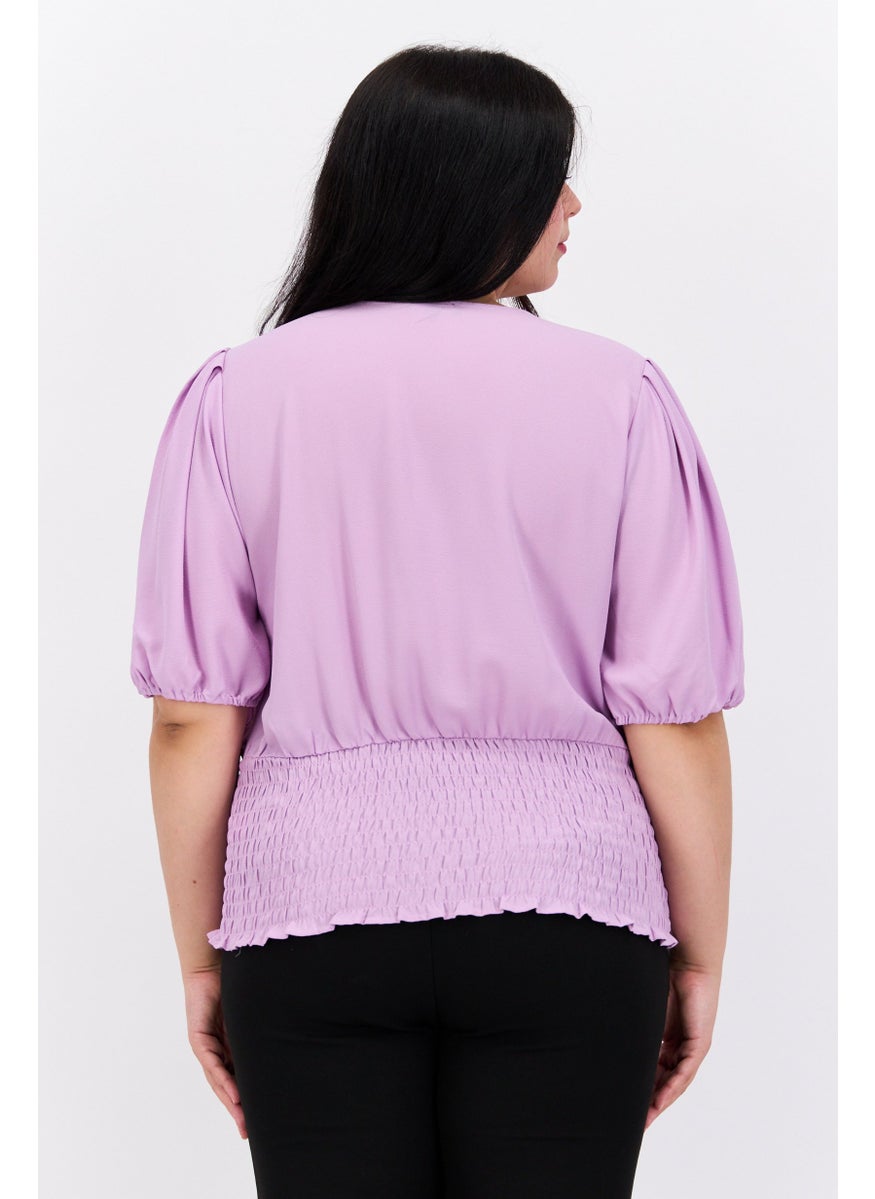 1 State Women Plus Size V-Neck Puffed Sleeves Plain Blouse, Purple  - Image 3