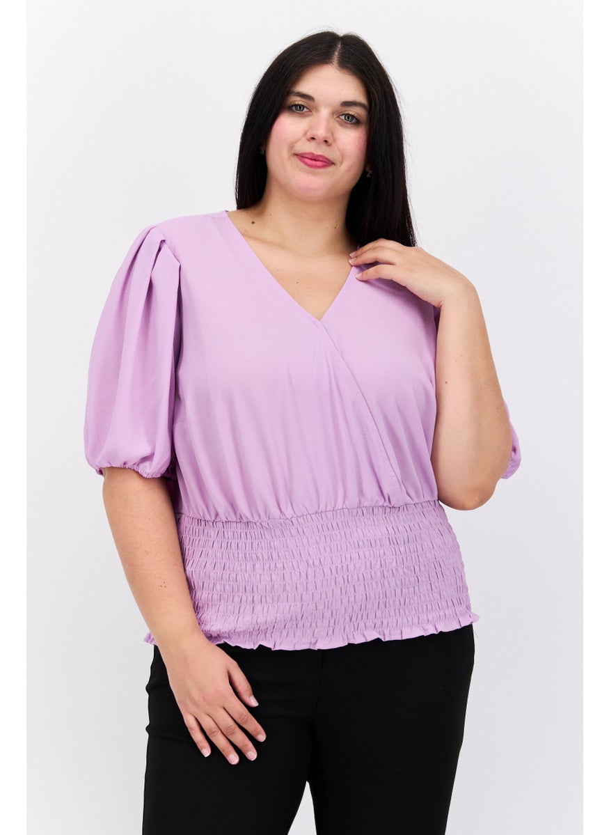 1 State Women Plus Size V-Neck Puffed Sleeves Plain Blouse, Purple  - Image 1